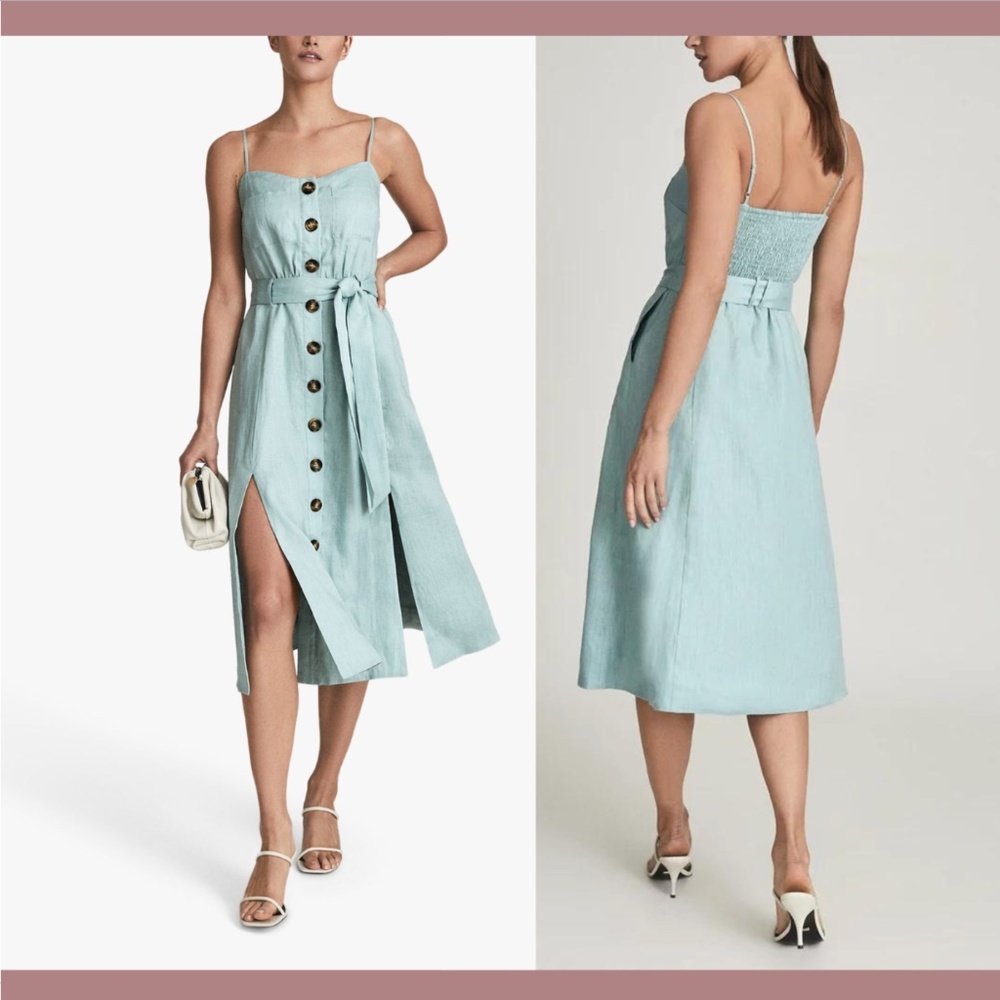NWD $320 Reiss [ 14 US ] Catalina Linen Button Front Midi Dress in Sage‎